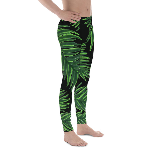 Green Tropical Leaf Meggings, Hawaiian Premium Black Men's Leggings-Made in USA/EU-Men's Leggings-Heidi Kimura Art LLC