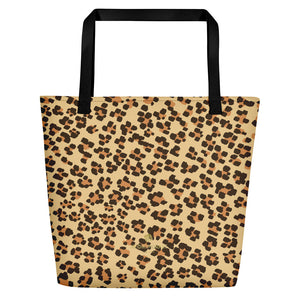 Brown Beige Chic Leopard Animal Print Designer Beach Market Tote Bag-Made in USA/EU-Beach Tote Bag-Black-Heidi Kimura Art LLC