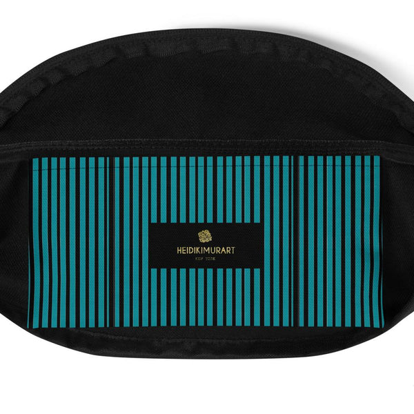 Teal Blue Black Stripe Print Designer Fanny Pack Festival Belt Waist Bag- Made in USA/EU-Fanny Pack-Heidi Kimura Art LLC