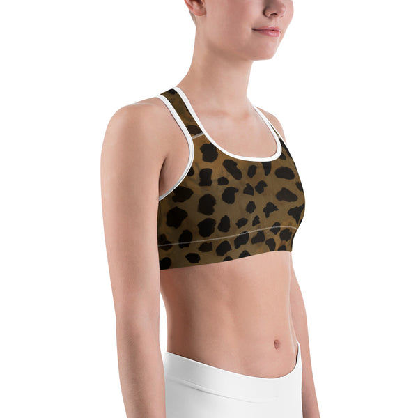 Cheetah Leopard Print Yoga Bra, Brown Animal Print Sports Bra For Women-Made in USA/EU-Sports Bras-Heidi Kimura Art LLC