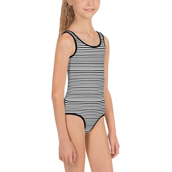 Dense Black White Horizontal Striped Girl's Kids Cute Sportswear Swimsuit- Made in USA-Kid's Swimsuit (Girls)-Heidi Kimura Art LLC