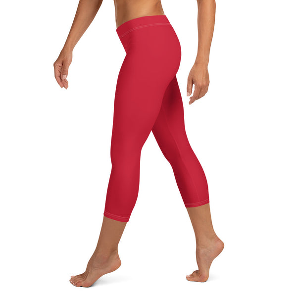 Red Women's Capri Leggings, Solid Color Capris Casual Tights-Made in USA/EU-Heidi Kimura Art LLC-Heidi Kimura Art LLC