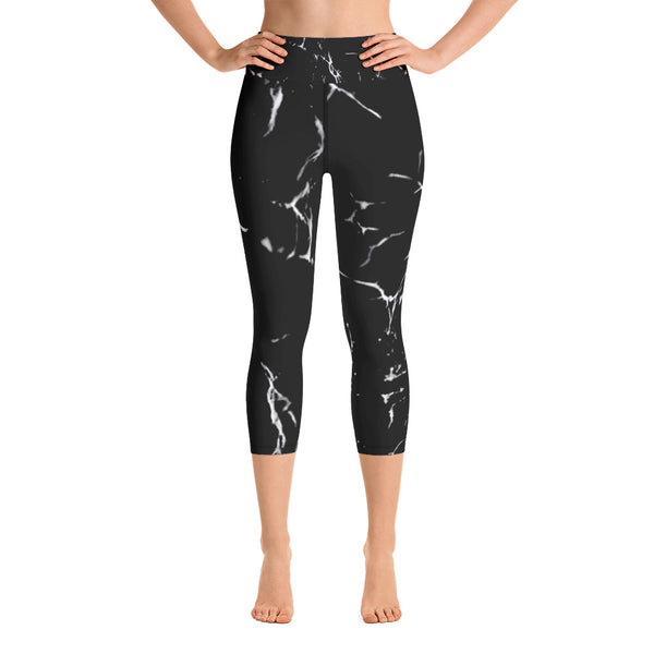 Black Marble Print Capri Leggings, Women's Yoga Capri Leggings Tights- Made in USA/EU-Capri Yoga Pants-XS-Heidi Kimura Art LLC