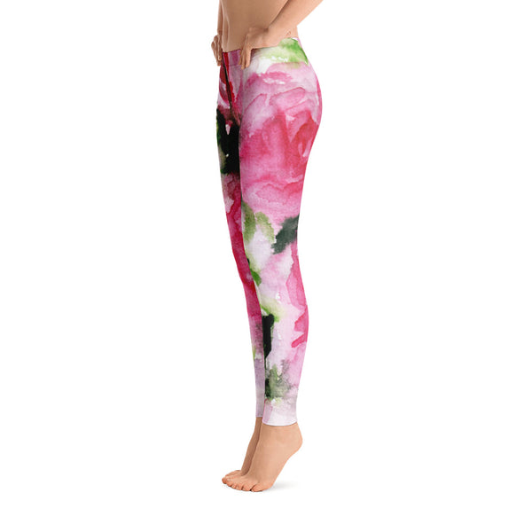Misty Pink Rose Floral Print Women's Long Casual Leggings/ Running Tights - Made in USA (US Size: XS-XL)-Casual Leggings-Heidi Kimura Art LLC
