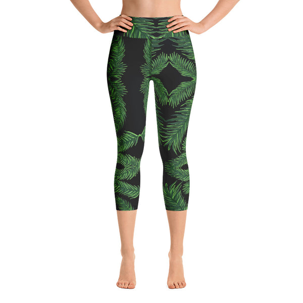 Tropical Leaf Yoga Capri Leggings, Women's Palm Leaf Print Tights-Made in USA/EU-Heidi Kimura Art LLC-Heidi Kimura Art LLC 