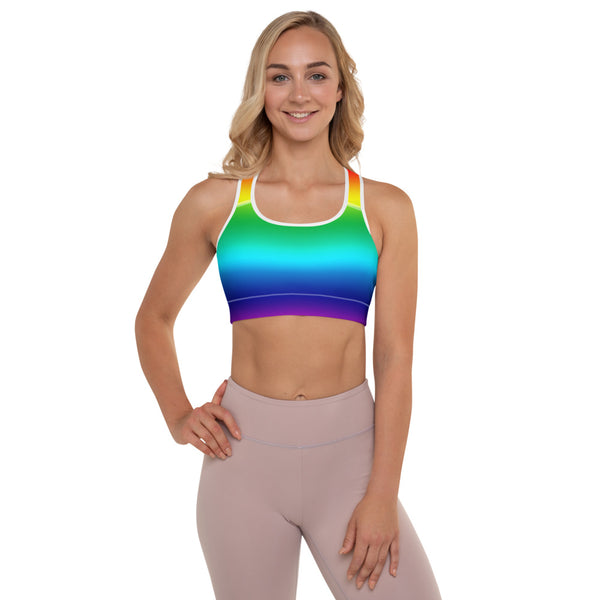 Rainbow Horizontal Ombre Print Women's Padded Premium Sports Bra- Made in USA/EU-Sports Bras-White-XS-Heidi Kimura Art LLC