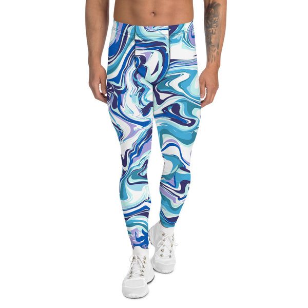 Blue Abstract Men's Leggings, Colorful Rave Meggings-Made in USA/EU-Heidi Kimura Art LLC-XS-Heidi Kimura Art LLC Blue Abstract Men's Leggings, Colorful Rave Abstract Print Sexy Meggings Men's Workout Gym Tights Leggings, Men's Compression Tights Pants - Made in USA/ EU (US Size: XS-3XL)