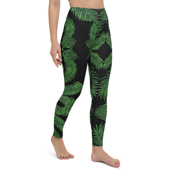 Black Tropical Leaf Print Yoga Leggings, Green Palm Leaf Women's Yoga Tights-Made in USA/EU-Heidi Kimura Art LLC-Heidi Kimura Art LLC