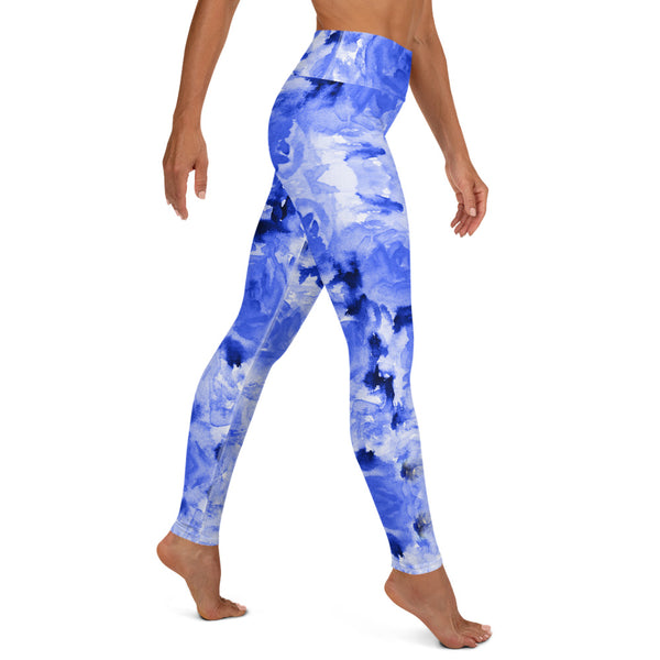 Blue Rose Yoga Leggings, Floral Print Women's Long Tights-Made in USA/EU-Heidi Kimura Art LLC-Heidi Kimura Art LLC