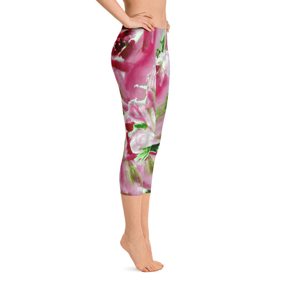 Red Rose Floral Print Women's Designer Capri Leggings Spandex Tightts- Made in USA-capri leggings-Heidi Kimura Art LLC