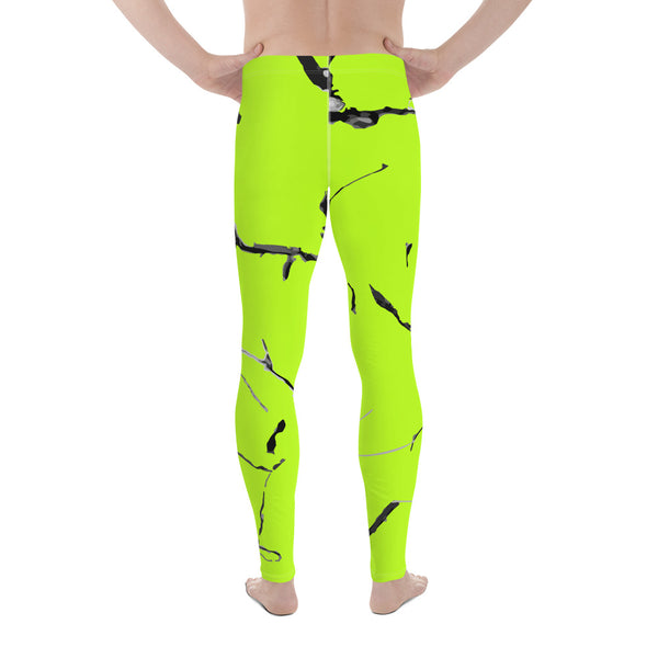 Neon Green Marble Texture Print Sexy Meggings Men's Workout Gym Tights Leggings-Men's Leggings-Heidi Kimura Art LLC