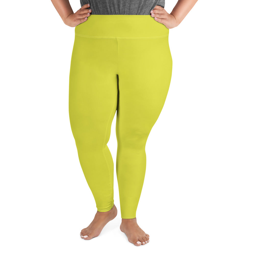 Lime Yellow Solid Color Print Women's Plus Size Best Quality Leggings- Made in USA/EU-Women's Plus Size Leggings-2XL-Heidi Kimura Art LLC