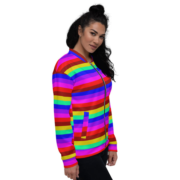 Rainbow Stripe Bomber Jacket, Gay Pride LGBTQ Friendly Jacket For Men or Women-Heidi Kimura Art LLC-Heidi Kimura Art LLC