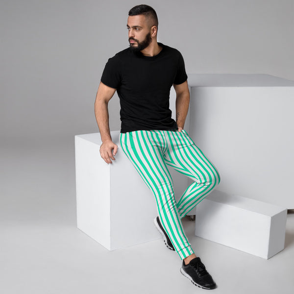 Turquoise Blue Striped Men's Joggers, Modern Vertical Stripes Casual Minimalist Slim-Fit Designer Ultra Soft & Comfortable Men's Joggers, Men's Jogger Pants-Made in EU (US Size: XS-3XL)