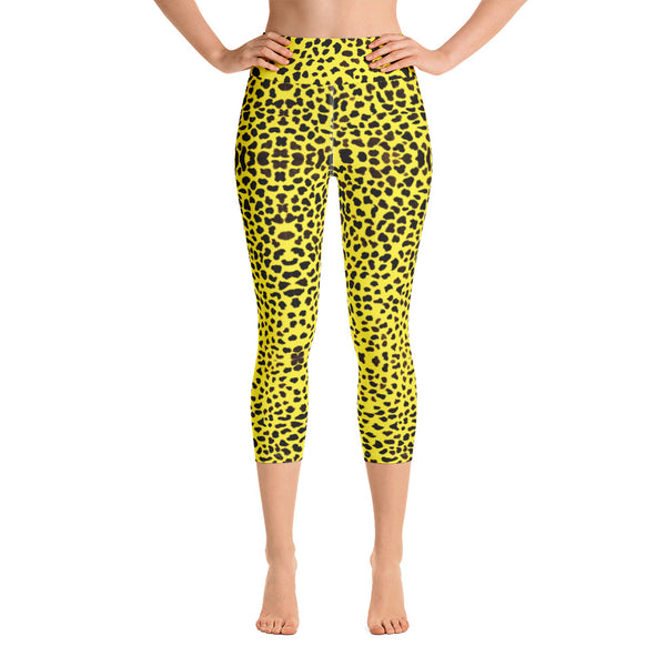 Yellow Leopard Yoga Capri Leggings-Heidikimurart Limited -Heidi Kimura Art LLC Yellow Leopard Yoga Capri Leggings, Bright Cheetah Animal Print Comfy Capri Leggings Yoga Pants - Made in USA/EU/MX (US Size: XS-XL)