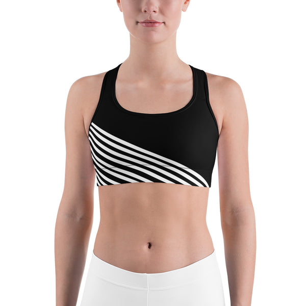 White Diagonal Striped Sports Bra, Black Stripe Print Women's Unpadded Bra-Made in USA/ EU-Sports Bras-Black-XS-Heidi Kimura Art LLC