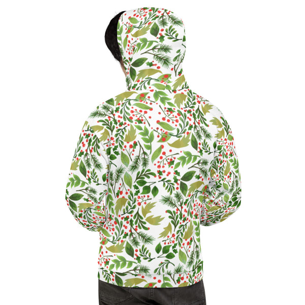 Christmas White Green Winter Floral Print Men's/Women's Unisex Hoodie-Made in EU-Men's Hoodie-Heidi Kimura Art LLC