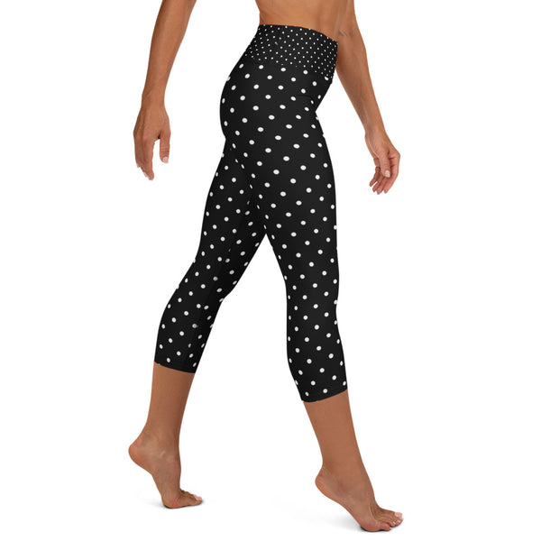 White Dots Women's Capri Leggings, Polka Dots Women's Black Tights-Made in USA/EU-Capri Yoga Pants-Heidi Kimura Art LLC