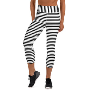 Black White Striped Women's Capri Leggings, Premium Yoga Capri Leggings- Made in USA/EU-Capri Yoga Pants-XS-Heidi Kimura Art LLC