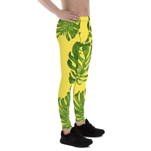 Bright Yellow Green Tropical Leaf Print Men's Leggings Compression Tights-Made in USA-Men's Leggings-Heidi Kimura Art LLC Bright Yellow Tropical Meggings, Bright Yellow Green Tropical Palm Leaf Men's Skinny Compression Tights Meggings Leggings-Made in USA/EU (US Size: XS-3XL)