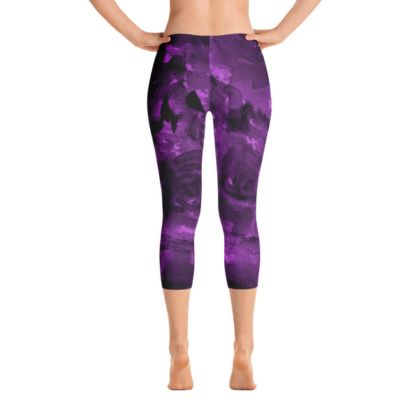 Mulberry Purple Rose Floral Designer Capri Leggings Outfit - Made in USA (US Size: XS-XL)-capri leggings-XS-Heidi Kimura Art LLC