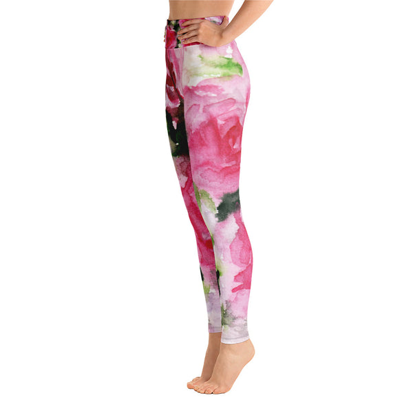 Pink Abstract Rose Floral Print Women's Yoga Leggings/ Long Yoga Pants- Made in USA-Leggings-Heidi Kimura Art LLC Pink Abstract Floral Women's Leggings, Pink Abstract Rose Floral Print Yoga Leggings/ Long Yoga Pants - Made in USA/EU (US Size: XS-XL)