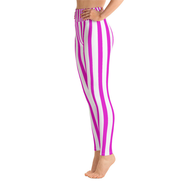 Women's Pink Stripe Active Wear Fitted Leggings Sports Long Yoga & Barre Pants-legging-Heidi Kimura Art LLC