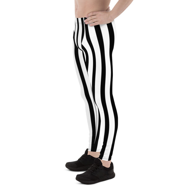 Black White Vertical Striped Meggings, Men's Running Leggings Tights -Made in USA/EU-Men's Leggings-Heidi Kimura Art LLC