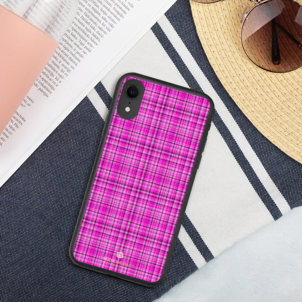 Pink Plaid iPhone Case, Tartan Print Biodegradable Phone Case-Heidi Kimura Art LLC-iPhone XR-Heidi Kimura Art LLC