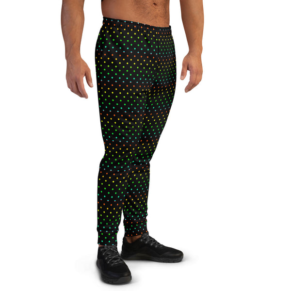 Black Rainbow Dots Men's Joggers, Gay Pride Polka Dots Designer Sweatpants-Made in EU-Men's Joggers-Heidi Kimura Art LLC