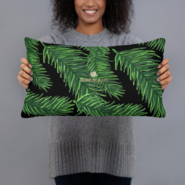 Black Green Tropical Palm Leaf Print Designer 20”x12”, 18"x18" Basic Pillow - Made in USA-Pillow-Heidi Kimura Art LLC