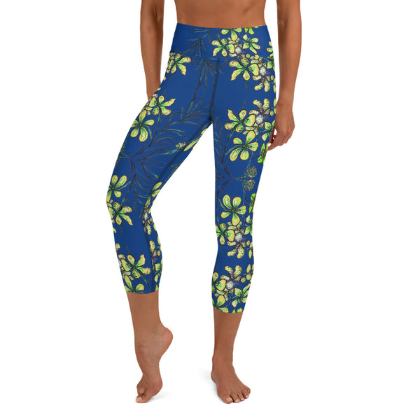 Blue Orchids Yoga Capri Leggings, Floral Print Women's Yoga Capris Tights-Heidi Kimura Art LLC-XS-Heidi Kimura Art LLC