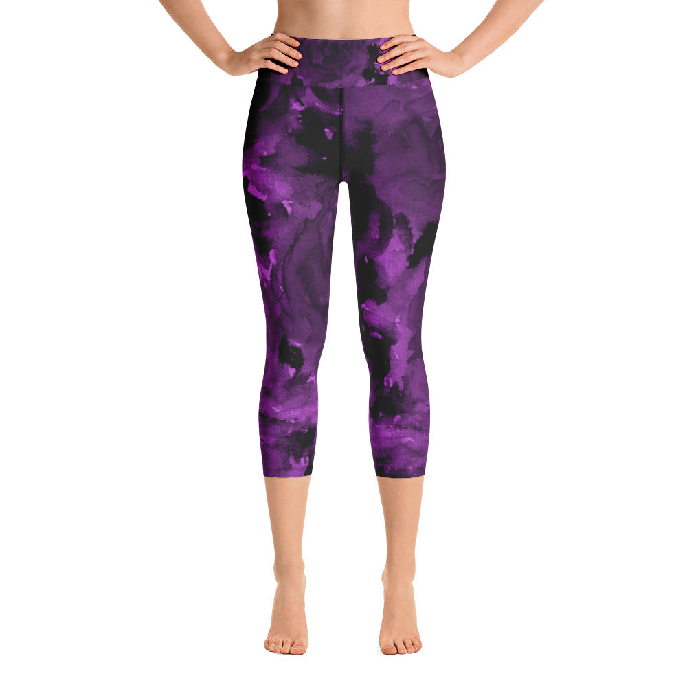 Royal Dark Purple Rose Floral Print Capri Leggings Women's Yoga Pants - Made in USA-Capri Yoga Pants-XS-Heidi Kimura Art LLC