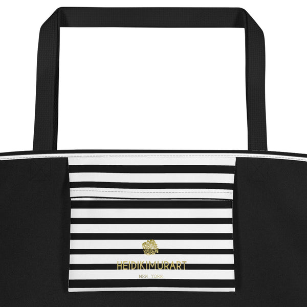 Black White Modern Horizontal Stripe Print 16"x20" Large Beach Tote Bag- Made in USA/EU-Beach Tote Bag-Heidi Kimura Art LLC