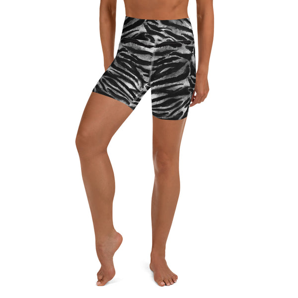 Grey Tiger Yoga Shorts, Striped Animal Print Premium Quality Women's High Waist Spandex Fitness Workout Yoga Shorts, Yoga Tights, Fashion Gym Quick Drying Short Pants With Pockets - Made in USA/EU (US Size: XS-XL)
