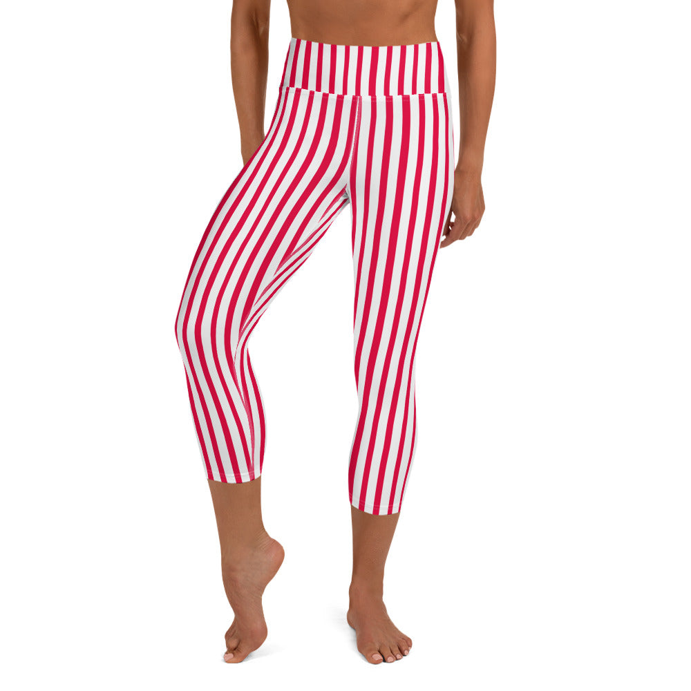 White Red Vertical Stripe Print Women's Yoga Capri Leggings Pants- Made in USA/ EU-Capri Yoga Pants-XS-Heidi Kimura Art LLC