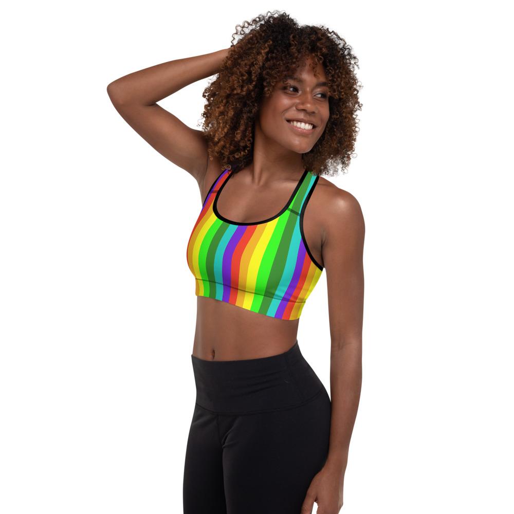 Rainbow Striped Sports Bra, Vertical Stripe Women's Padded Fitness Bra-Made  in USA/EU