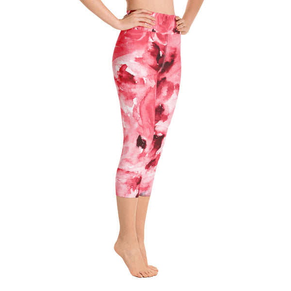 Passionate Red Rose Floral Print Capri Leggings Women's Yoga Pants - Made in USA-Capri Yoga Pants-Heidi Kimura Art LLC