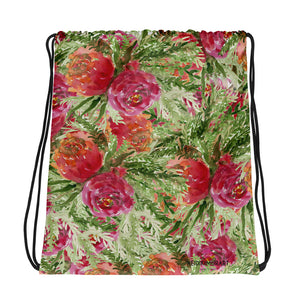 Orange Red Rose Floral Print Designer 15”x17” Drawstring Bag - Made in USA/ Europe-Drawstring Bag-Heidi Kimura Art LLC