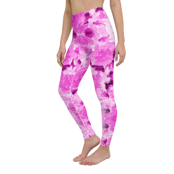 Hot Pink Floral Yoga Leggings, Abstract Print Women's Tights-Made in USA/EU-Heidi Kimura Art LLC-Heidi Kimura Art LLC