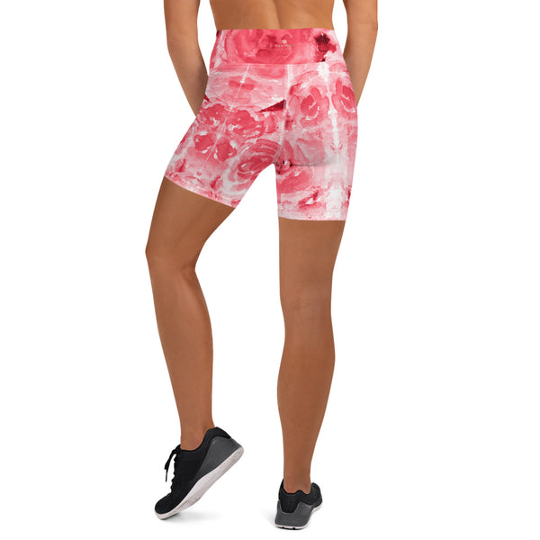 Red Rose Floral Yoga Shorts, Abstract Print Classic Premium Quality Women's High Waist Spandex Fitness Workout Yoga Shorts, Yoga Tights, Fashion Gym Quick Drying Short Pants With Pockets - Made in USA (US Size: XS-XL)