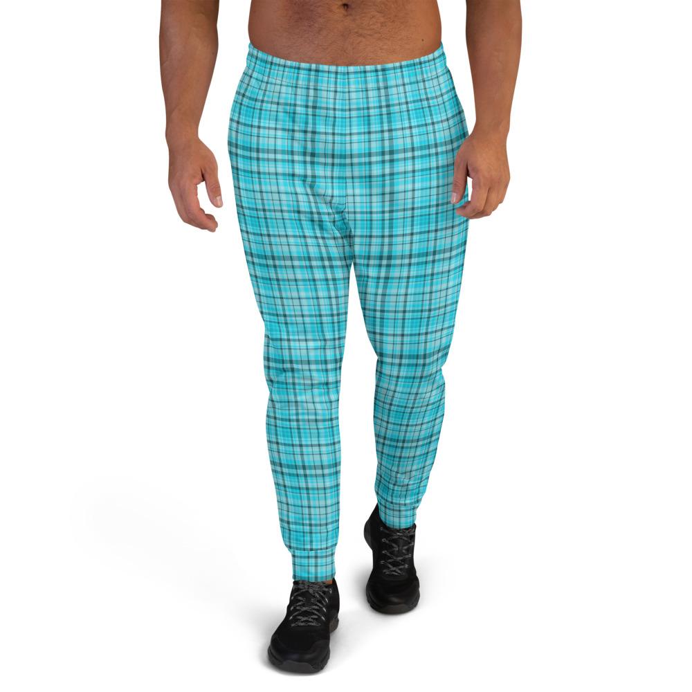 Light Blue Tartan Print Men's Joggers Premium Plaid Print Casual Sweatpants - Made in EU-Men's Joggers-XS-Heidi Kimura Art LLC