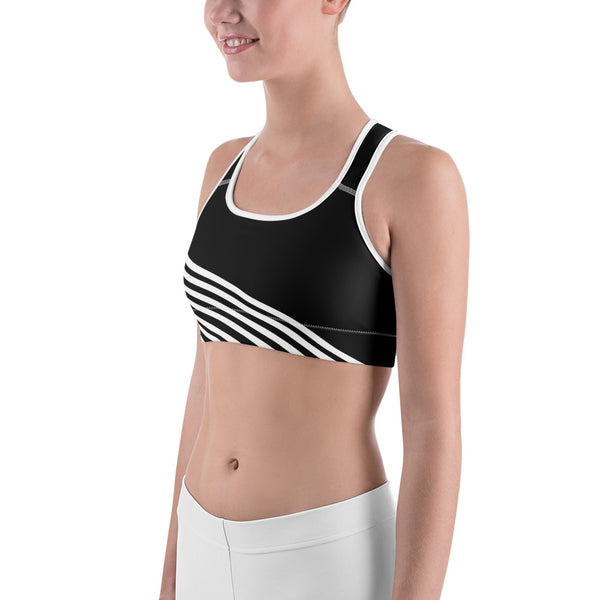 White Diagonal Striped Sports Bra, Black Stripe Print Women's Unpadded Bra-Made in USA/ EU-Sports Bras-Heidi Kimura Art LLC