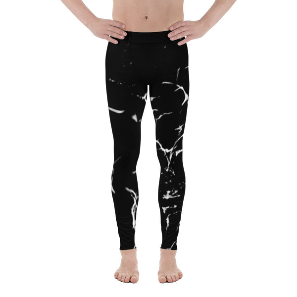 Black Marble Print Men's Leggings, Abstract Printed Meggings Run Tights-Made in USA/EU-Men's Leggings-XS-Heidi Kimura Art LLC
