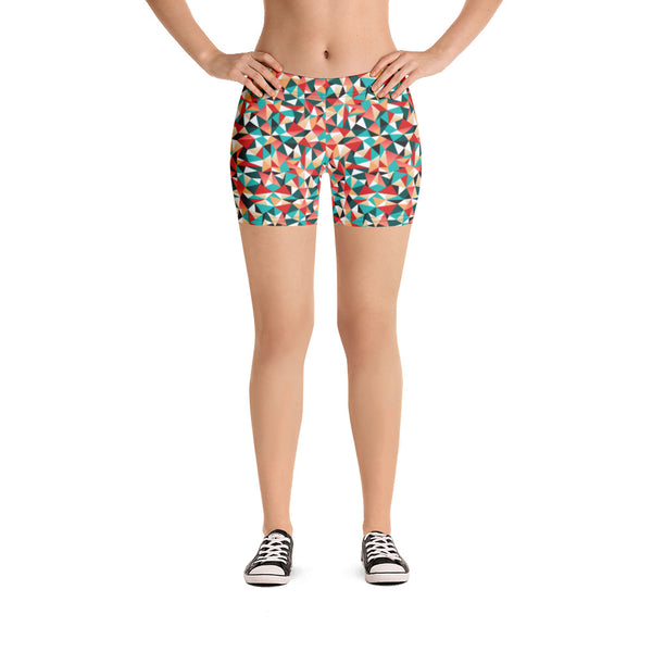 Red Geometric Sexy Workout Shorts, Women's Colorful Exercise Sports Shorts-Heidikimurart Limited -Heidi Kimura Art LLC