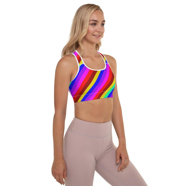 Rainbow Diagonal Stripe Print Women's Padded Gym Fitness Sports Bra-Made in USA/EU-Sports Bras-Heidi Kimura Art LLC