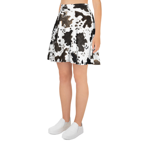 Cow Print Women's Designer Mid-Thigh Length Premium Skater Skirt - Made in USA/ EU-Skater Skirt-Heidi Kimura Art LLC Cow Print Women's Skater Skirt, Cow Print Women's Designer Polyester Spandex Mid-Thigh Length Elastic Waistband Skater Skirt, Made in USA/ Europe (US Size: XS-3XL)