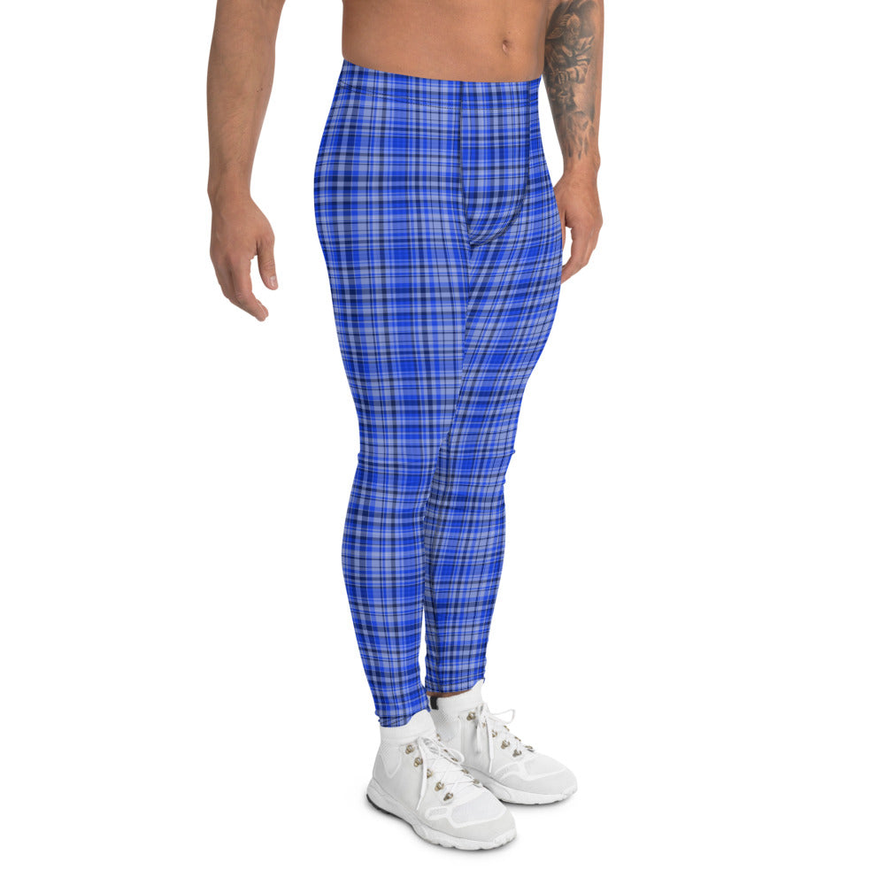 Blue Plaid Print Men's Leggings, Premium Tartan Meggings Run Tights-Made in  USA/EU