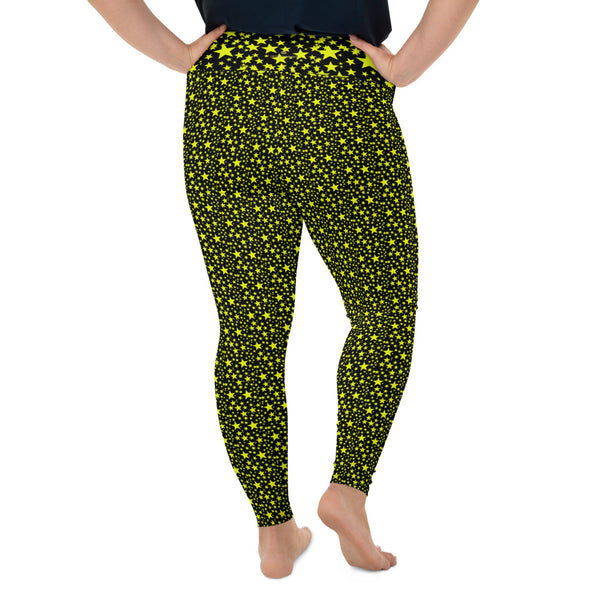 Bright Yellow Rock Star Pattern Print Women's Plus Size Leggings Yoga Pants- Made in USA-Women's Plus Size Leggings-Heidi Kimura Art LLC