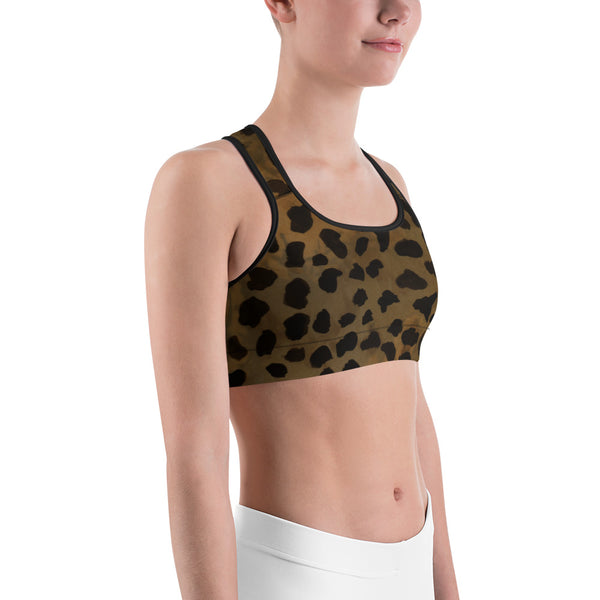 Cheetah Leopard Print Yoga Bra, Brown Animal Print Sports Bra For Women-Made in USA/EU-Sports Bras-Heidi Kimura Art LLC